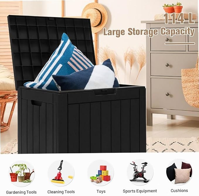 Black 30-Gallon PP Woodgrain Deck Box Outdoor Storage Seat with Waterproof Lid, 22x17x21in for Patio
