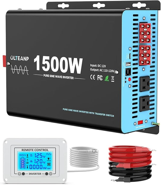 1500W Pure Sine Wave Power Inverter with Transfer Switch, 12V DC to 120V AC Converter, 3000W Peak, Auto Switch to Shore Power, Remote LCD Controller, USB & Type-C for RV, Truck, Off-Grid