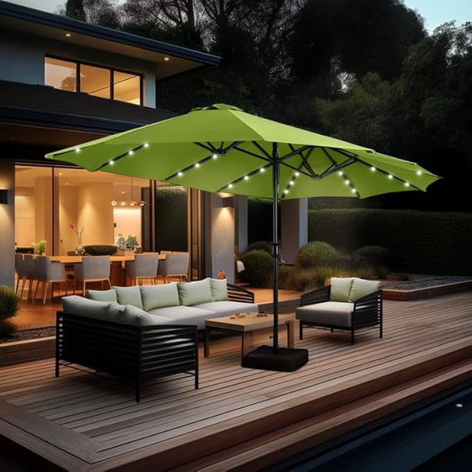 GREEN PARTY 15 ft Large Outdoor Patio Umbrella with Solar Led Lights & Base Included, Double-Sided Rectangular Table Umbrella with Stand, Market Umbrellas for Deck Poolside Garden Backyard, Lime Green