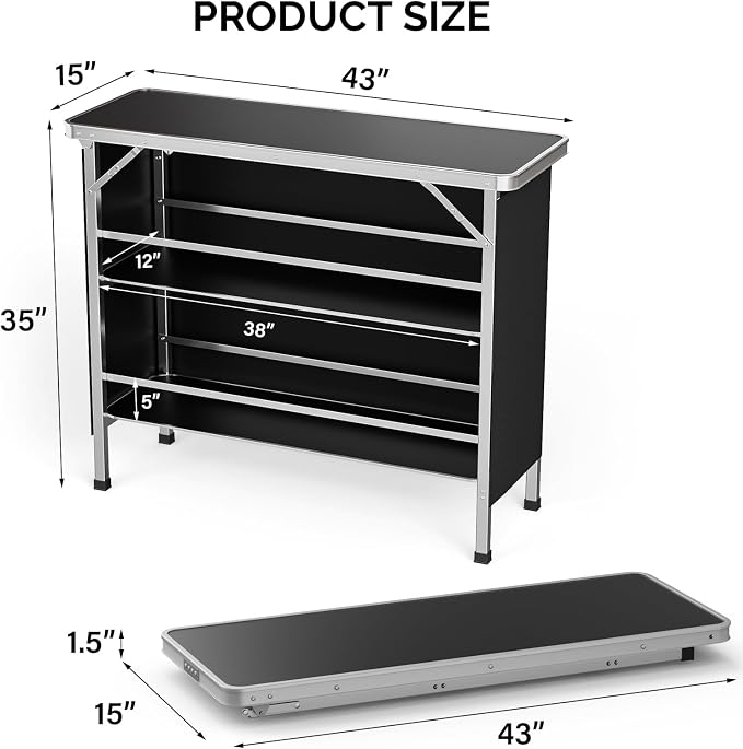 VINGLI 43" Portable Bar Table, 3-Tier Shelves, Carry Bag，Mobile Bar Table for Events, Party, Camping, Picnic, Tradeshow, Outdoor & Indoor with Black Skirt(2, 43") (2) (Black-1P, 43")