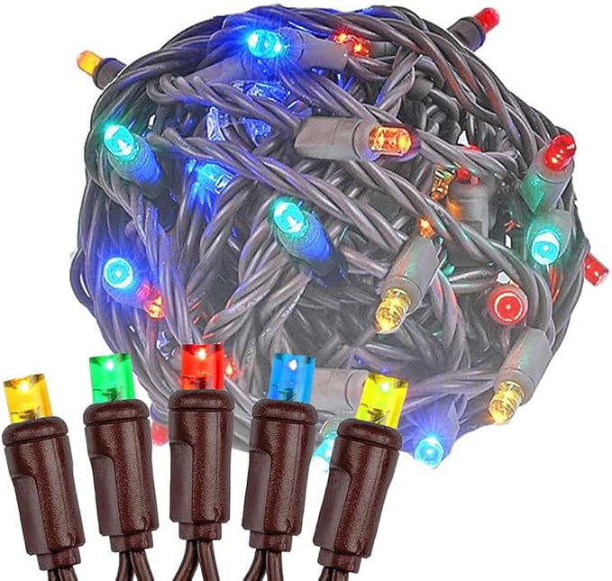 Novelty Lights 50ft 100 LED Multicolor Christmas String Lights, Brown Wire