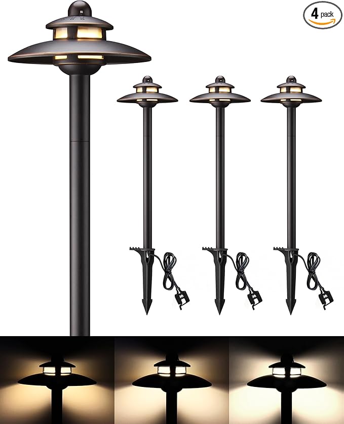 LITFIT Low Voltage Landscape Lighting, 3CCT (2700K/3000K/4000K) 12V 3.87W 83lm Pathway Lights, Oil Rubbed Bronze Die-Cast Aluminum Hardwired Walkway Light with Connectors for Garden Yard, 4 Pack