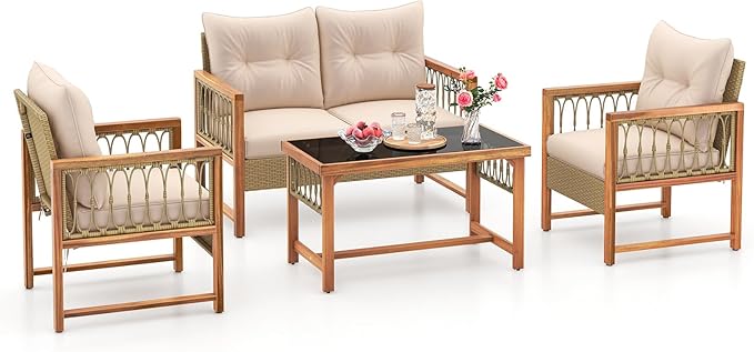 Tangkula 4 Pieces Patio Furniture Set, Outdoor PE Wicker Conversation Bistro Set with Acacia Wood Frame, Cushions and Tempered Glass Coffee Table for Porch, Balcony, Deck and Backyard (Beige)