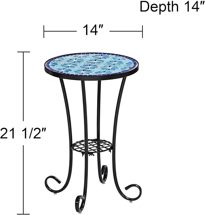 Teal Island Designs Blue Star Modern Black Metal Round Outdoor Accent Side Table 14" Wide with Lower Shelf Mosaic Tabletop Gracefully Curved Legs for Porch Patio Home House Balcony Spaces Deck