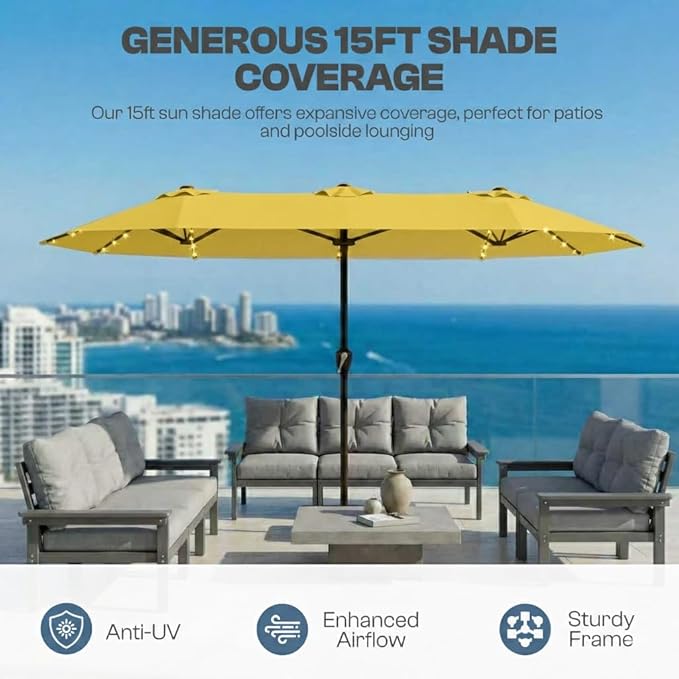 15FT Patio Umbrella with Solar Lights, Double-Sided Extra Large Outdoor Table Umbrella with Base Included, Heavy-Duty 12 Iron Ribs Market Umbrella for Garden, Pool, Backyard, Sunshine Yellow