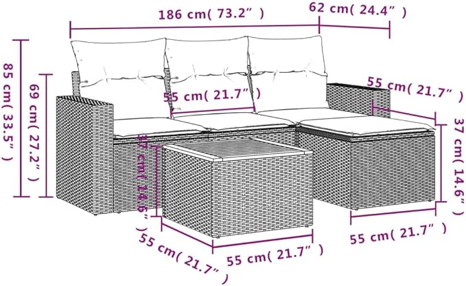 vidaXL Patio Sofa Set with Cushions 5 Piece, Outdoor Conversation Set, Patio Furniture Set for Balcony Garden, Modern Style, Gray Poly Rattan