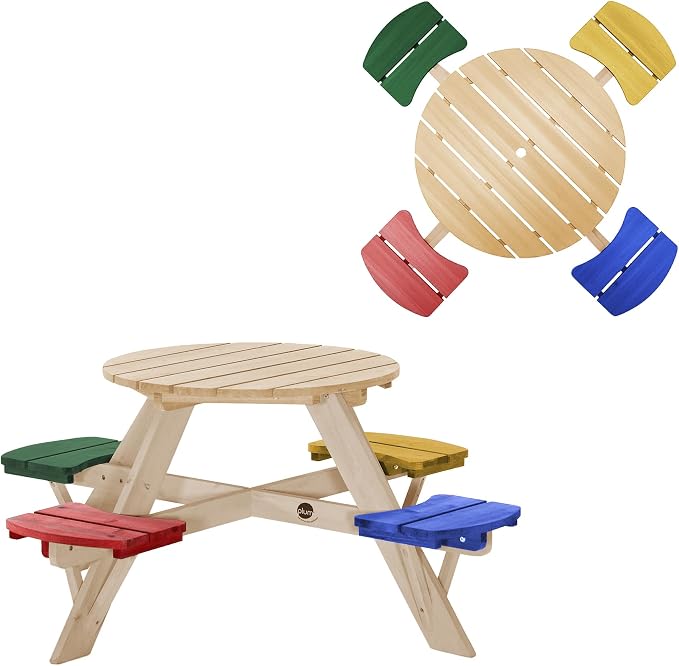 Plum® Kids Picnic Table - Wooden Toddler Table and Chairs Set, Outdoor Furniture for Patio, Garden, Backyard Dining & Activity, 4 Built-in Benches, Sturdy, Durable, Weatherproof, Ages 3+, Natural
