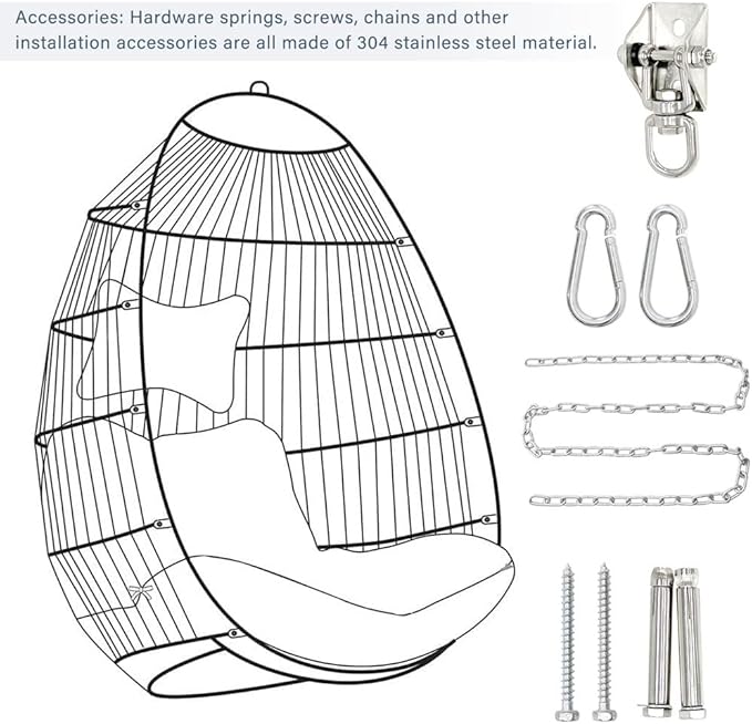 Hanging Egg Chair Without Stand – Foldable Rattan Wicker Swing Chair with Cushion & Headrest, 350lbs Capacity, Ceiling/Tree Mount Kit Included for Indoor Outdoor Use,Brown