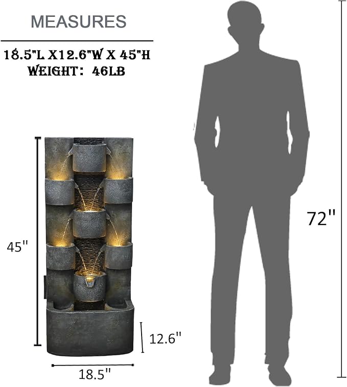 Tankana 45" H Outdoor Water Fountain Garden - Large Cascading Waterfall Freestanding Fountains Water Feature with Lights for Patio Backyard Deck Porch and Home Decor, Concrete Artistry Style, Gray