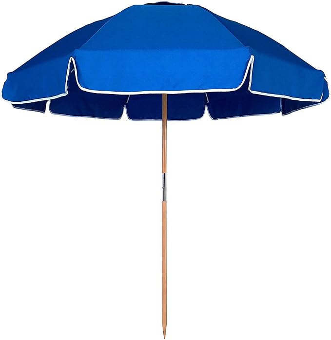 7.5FT Heavy Duty Beach Umbrella with Air Vent, Wood-Look Pole, Carry Bag, UPF50+ Superior Sun Protection, Blue Version
