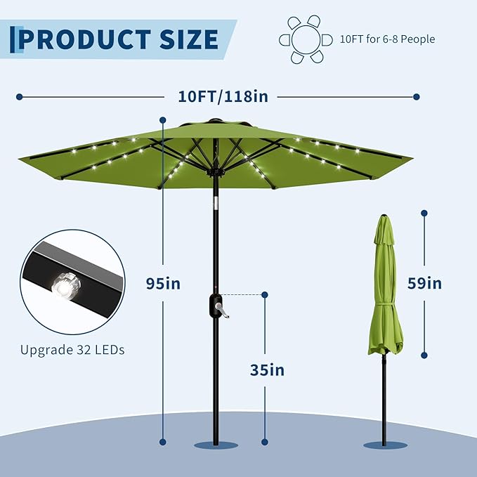 Garvee 9/10 FT Solar Patio Umbrella with 32 LED Lights - Outdoor Table Umbrella with Crank Lift, Push Button Tilt and 8 Sturdy Ribs - Market Umbrella UV Protection for Pool, Deck, Yard, Garden