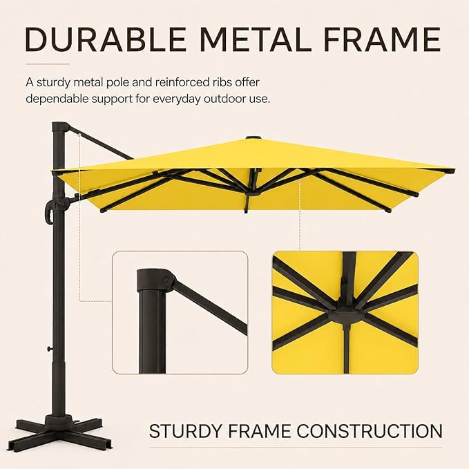 Kingdura 9' X 9' Cantilever Patio Umbrella with Base Included, Large Square Outdoor Offset Umbrella with 360-degree Rotation, 4 Position Tilt, UV Protection for Pool Deck Garden Patio (Yellow)