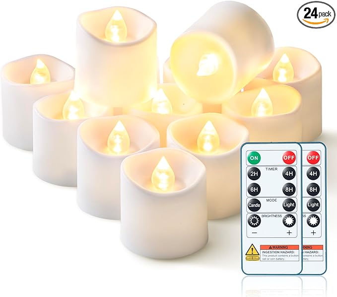Homemory 24Pack 400+Hour Remote Control Flameless Candles, 2/4/6/8H Timer Led Votive Candles, Battery Operated Tea Lights for Wedding Table Centerpiece, Holidays, Halloween Pumpkins, Christmas Decor