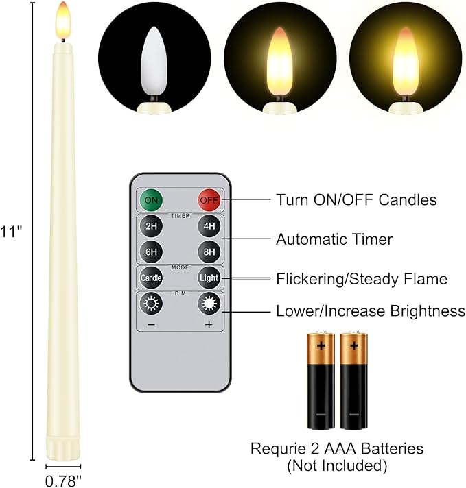 12 Pcs Flickering Flameless LED Taper Candles, 11" Long Fake Taper Candles Battery Operated with Remote Timer, Ivory Plastic Electric Candlesticks for Wedding Party Christmas Holiday