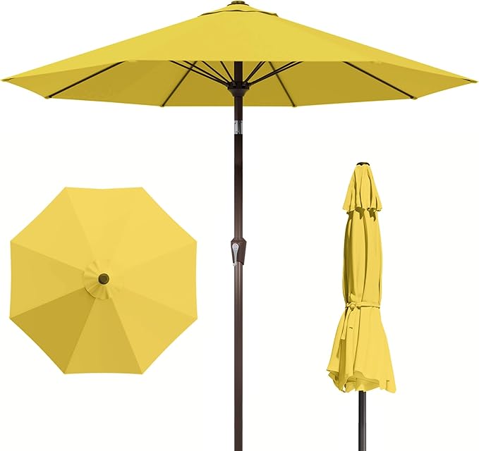 PatioKingdom Auto-Tilt 9FT Patio Umbrella Outdoor with 8 Sturdy Fiberglass Ribs,Market Table Umbrella for Pool,Backyard,Deck and Garden(Yellow)