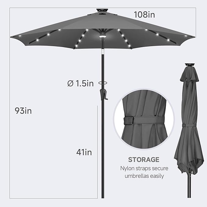 FLAME&SHADE 9 FT outdoor umbrella with 40LED lights, solar light patio umbrella with Centre Surround Light, Table Market Umbrella Outdoor Patiofor Deck, Pool, Backyard, Garden (Anthracite)