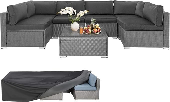 Outdoor Patio Furniture 7-Piece Patio Grey Wicker Modular Sectional Sofa Seating, Patio Conversation Set with Glass Coffee Table & Black Covers (Grey Cushion)