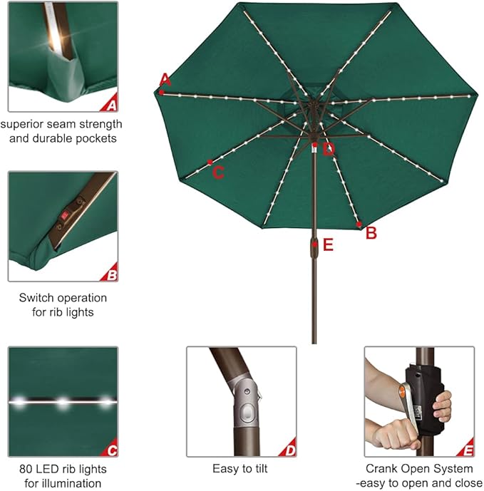 EliteShade USA 10-Year-Non-Fading 9ft Market Patio Umbrella, Commercial Grade Table Sun Umbrella with 80 Solar LED Lights, Crank Open, Windproof & UPF 50+ UV Protection for Garden, Deck, Pool, Backyard, Forest Green