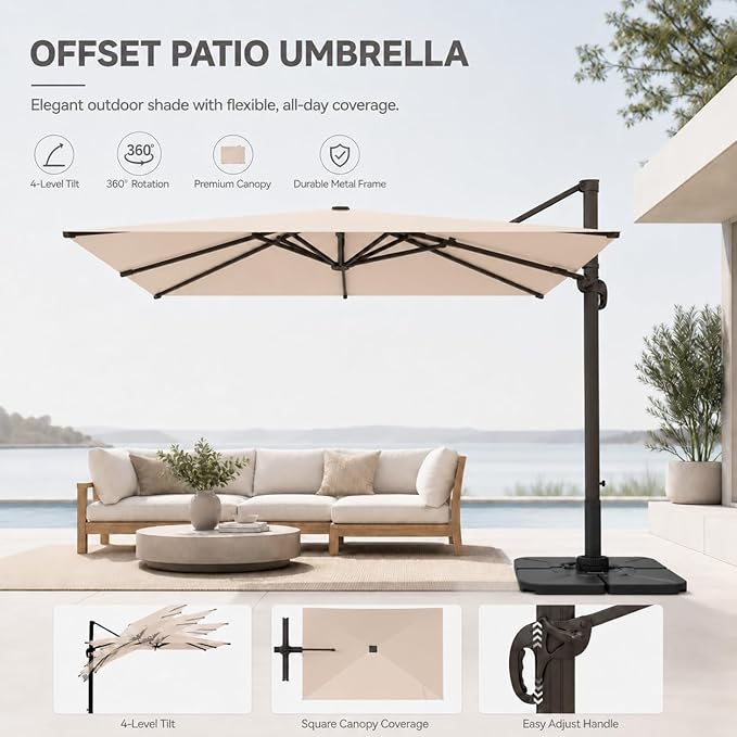 Cantilever Patio Umbrella, Large Square Outdoor Offset Umbrella with Aluminum Pole, 360-degree Rotation for Garden, Deck, Pool