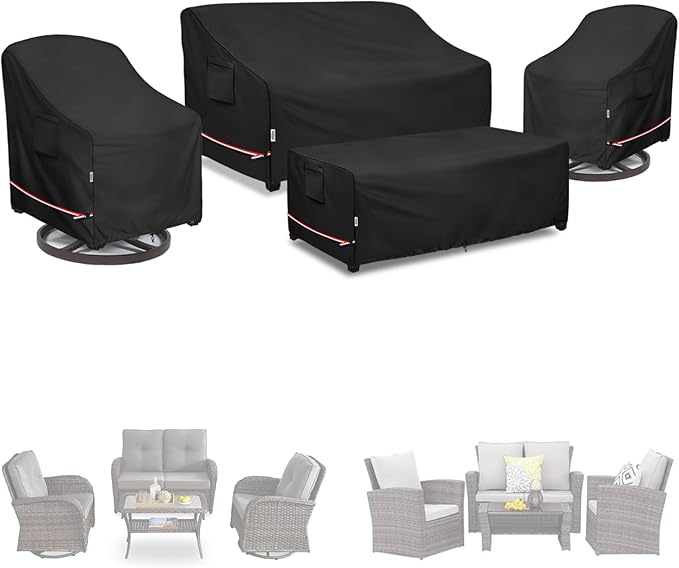 Patio Furniture Covers Set 4 Piece,600d Heavy Duty Outdoor Furniture Covers Waterproof for Outdoor Couch,Lawn Chair, Coffee Table(Medium,Black)