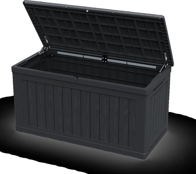 Large Outdoor Storage Deck Box, Resin Patio Container with Lockable Lid, Hydraulic Lift, Wood Texture Panels, Bench Table Function for Cushions Garden Tools Pool Gear Sports Equipment (230 Gallon)