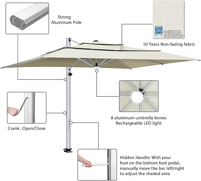EliteShade USA APOLLO 3-Tier 10x13FT Full Aluminum Cantilever Patio Umbrella for Outdoor Restaurant Garden Courtyard Deck Pool and Marketing with Light (No battery), Natural