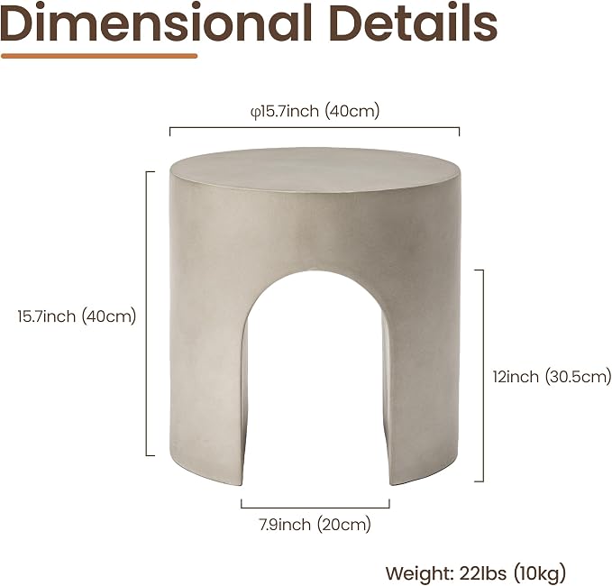 HOMPUS Outdoor Side Table, Concrete End Table w Arch Design, Round Patio MgO Coffee Lightweight Table, Modern Accent Stone Garden Stool for Indoor Outdoor Use, Gray