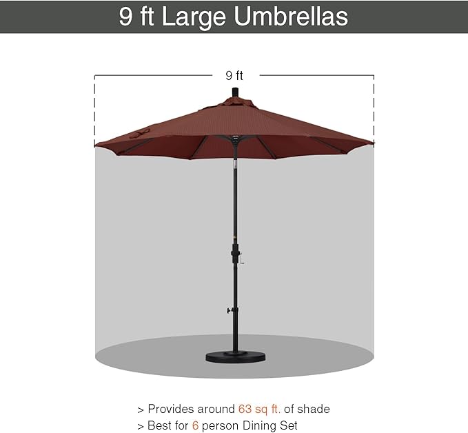 California Umbrella 9' Round Aluminum Market Umbrella, Crank Lift, Push Button Tilt, Black Pole, Terrace Adobe Olefin