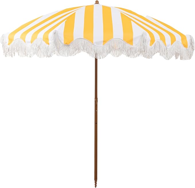 Rayjee 6.5FT Patio Umbrella with Fringe, Portable Boho Beach Umbrella, Tilt & Adjustable Height, 2-Piece Aluminum Pole for Pool, Garden, Deck & Beach