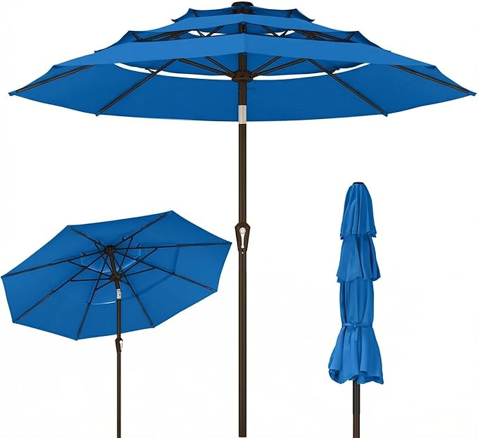 Kingdura 10ft 3-Tier Patio Umbrella, Outdoor Table Umbrella with Easy Crank & Tilt, 8 Reinforced Ribs, UV Protection for Deck, Pool, Market, Backyard (Royal blue)