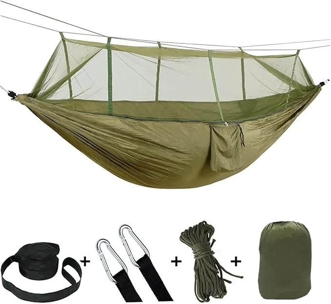 Hammock Camping Hammock with Net, Lightweight Portable Double Parachute Hammocks, High Capacity & Tear Resistance for Backyard,Hiking Camping Essentials (Color : Army Green)