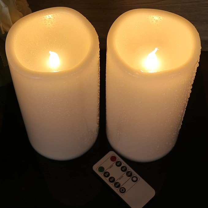 GenSwin Waterproof Outdoor Flameless Candles Battery Operated with Remote Timer, Large Flickering LED Pillar Candles for Indoor Outdoor Lanterns, Won’t melt, Long-Lasting(White, Set of 2) D4 x H8 8"