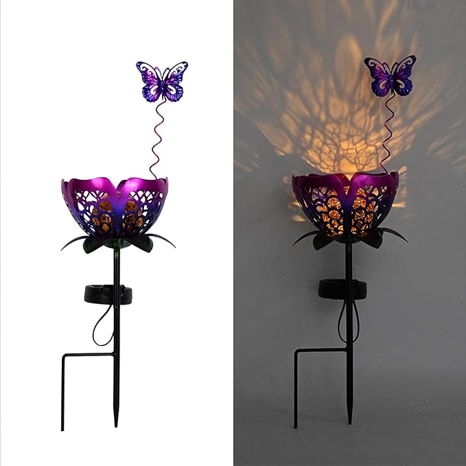 Solar Lights Outdoor Garden Decor, Metal Tulip & Butterfly Decoration Solar Lawn Lamp for Courtyard, Metal Flowers Outdoor Waterproof for Landscape Patio Yard Decor (Purple)