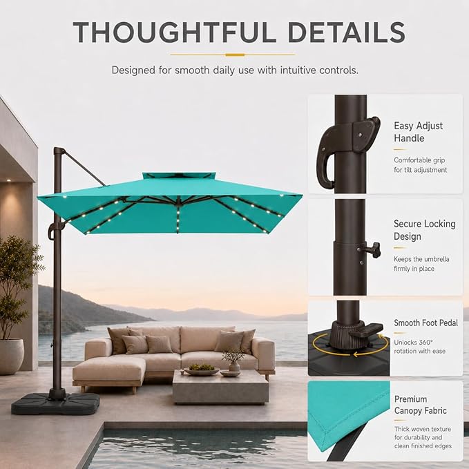 10FT Cantilever Patio Umbrella with Solar Lights, Large Outdoor 2 Tier Aluminum Offset Square Umbrellas 360 Degree Rotation for Garden Deck Pool