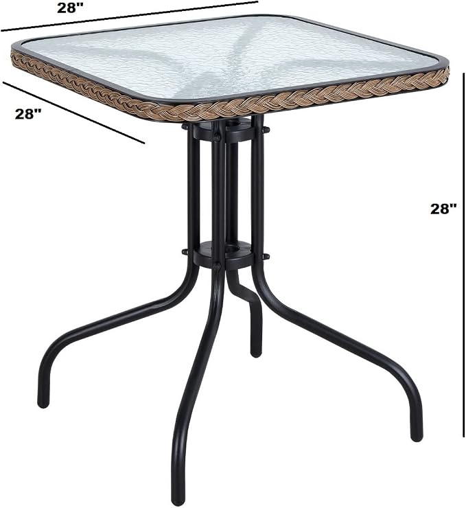 BTEXPERT Indoor Outdoor 28" Square Tempered Glass Metal Restaurant Table Brown Rattan Trim