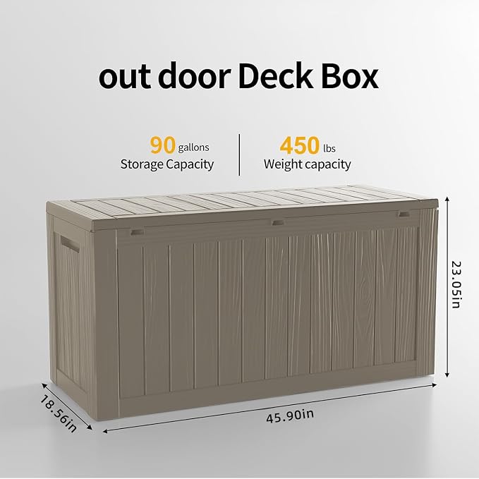 Deck Box Large Outdoor Storage for Patio Furniture,Outdoor Cushions,Garden Tools and Pool Supplies,Waterproof,Resin,Lockable (Grey, 90 Gallon)