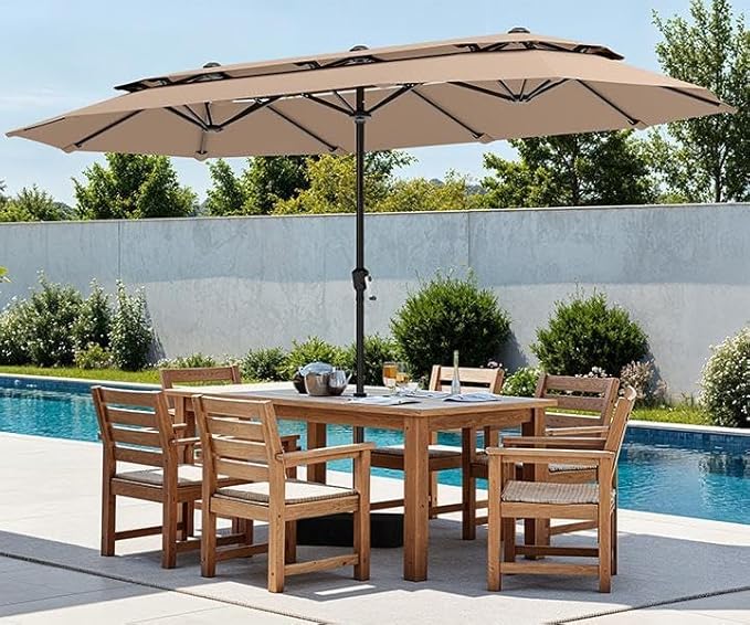 PHI VILLA 13ft Outdoor Patio Umbrellas with Base Included, 2-Tier Double-Sided Outdoor Rectangular Sun Umbrella for Outside, Beige