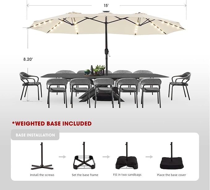 BLUU 15ft Large Patio Umbrellas with Base Included, Outdoor Double-Sided Umbrella with Crank Handle, Powerful UV Protective, for Pool Lawn Garden (Beige)