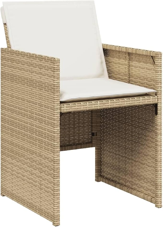 9 Piece Patio Dining Set with Cushions Beige Poly Rattan Outdoor Furniture Table Chairs Stools Foldable Space Saving Tempered Glass Top UV Proof for Garden Backyard Porch