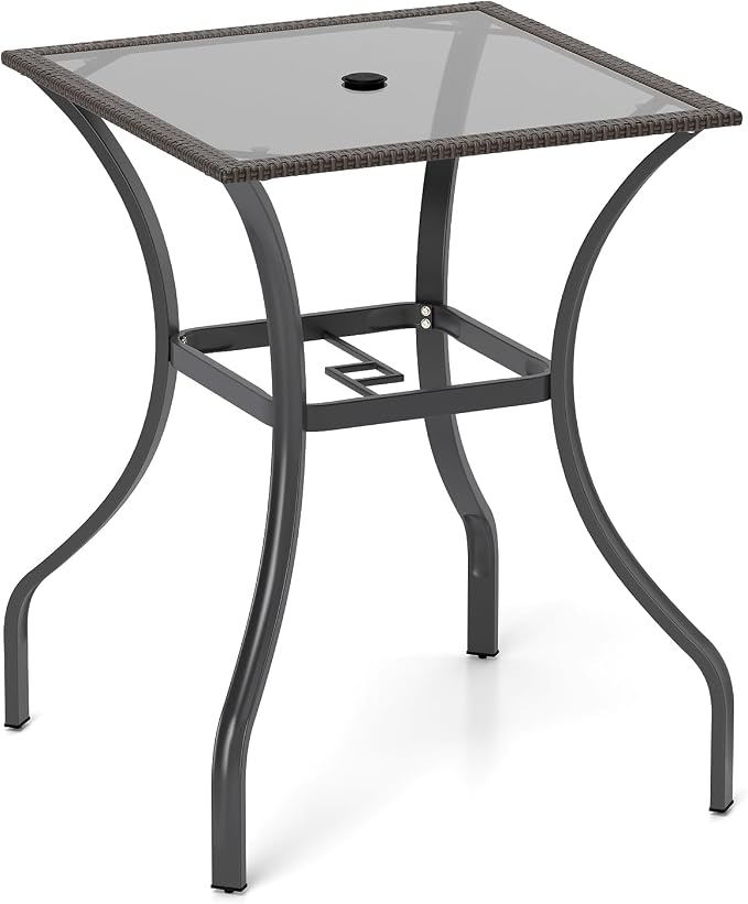 Tangkula Patio Bar Table with Umbrella Hole, All Weather 37 Inches Height Heavy Duty Outdoor Square Glass Top Table, for Garden Balcony Poolside and Lawn, Mix Brown