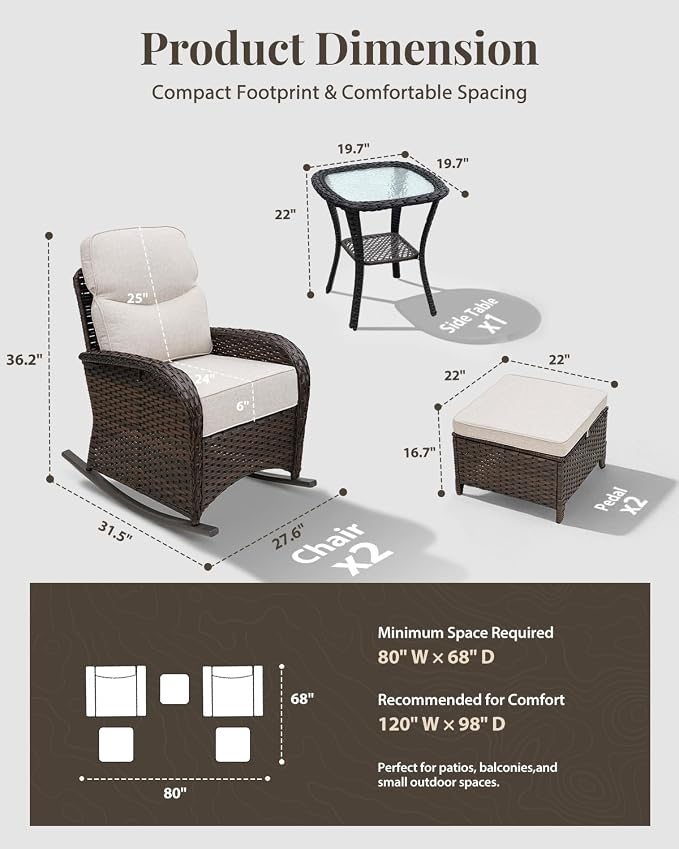 Luxury Patio Furniture Set with 6" Thick Cushions, High Back Outdoor Rocking Chairs and Ottomans, 5 Pieces All Weather Conversation Set for Porch Deck Poolside Yard (Beige)