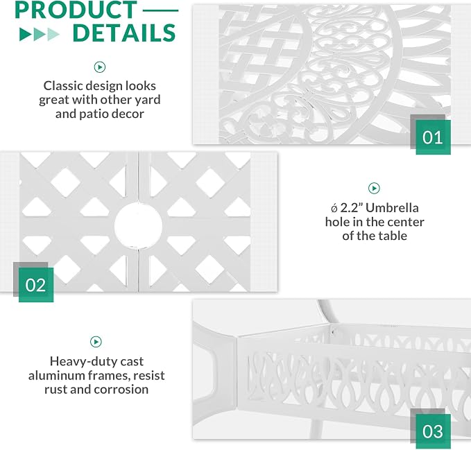 VIVIJASON 9-Piece Outdoor Patio Furniture Dining Set, All-Weather Cast Aluminum Conversation Set, Include 8 Swivel Rocker Dining Chairs and an Oval Table with Umbrella Hole, White/Green Cushion