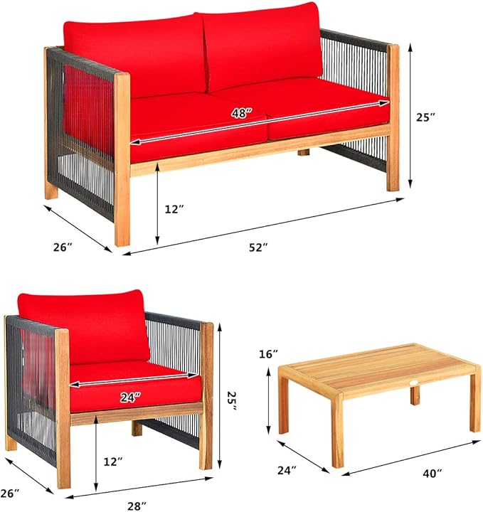 Tangkula Outdoor Wood Furniture Set, Acacia Wood Frame Loveseat Sofa, 2 Single Chairs and Coffee Table, 4 Pieces Conversation Set with Cushions, Garden Balcony Poolside Outdoor Living Set (1, Red)