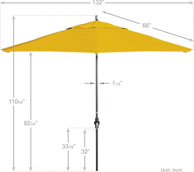 California Umbrella 11Ft Fiberglass Rib Patio Umbrella, Hand-Crank, Tilt-Collar, Gray Frame, Solution Dyed Lemon Fabric