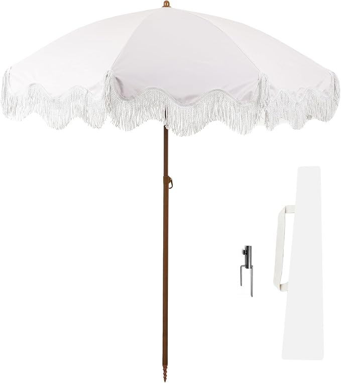 Rayjee 6.5FT Patio Umbrella with Fringe, UV Protection Beach Umbrella with Tilt & Adjustable Height, Includes Carry Bag & Ground Stake, Outdoor Umbrella for Pool, Garden, Backyard