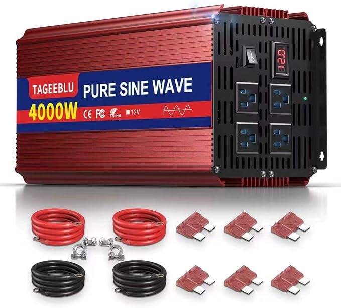 4000W Pure Sine Wave Inverter [8000W Surge], 12V DC to 110V AC Heavy Duty Power Inverter for RV, Truck, Home, Solar, Off-Grid, Outdoor, Car Converter with Dual AC Outlets and LCD Display