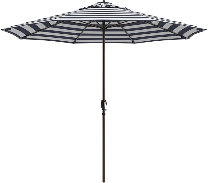 California Umbrella 8-Year Protection 9 Ft Outdoor Patio Umbrella, Solstice Fade-Resistant Fabric, Auto-Tilt, Heavy Duty Aluminum Frame, 8 Reinforced Ribs for Pool or Deck, Bronze Pole, Navy White Cabana Stripe