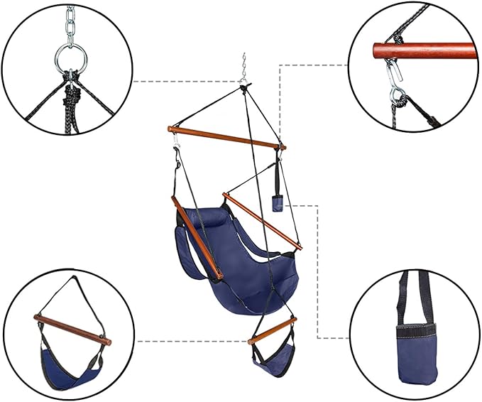Hammock Hanging Sky Chair with Footrest, Folding Camping Air Deluxe Swing Seat with Rope, Heavy Duty Foldable Rocker with Cup Holder for Outdoor Beach Patio Sport Lawn (Blue)