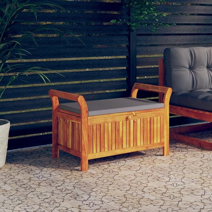 Wooden Outdoor Patio Storage Bench Large Deck Box with Brown Cushion 35.8"x19.7"x23.6" Solid Wood Acacia Storage Box Deck Box with Seat for Garden, Balcony, Porch, Pool,Yard -AA