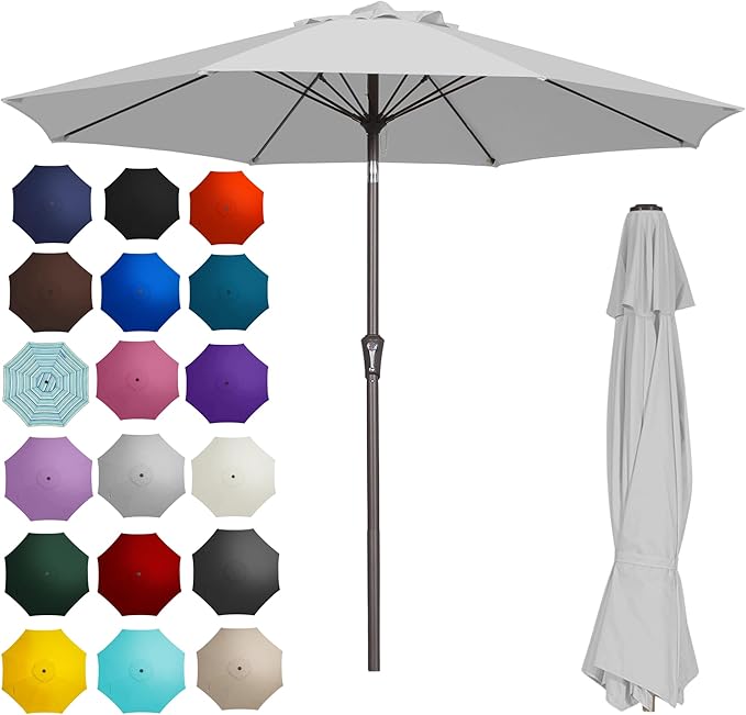 PatioKingdom 9FT Patio Outdoor Umbrella-UPF 50+ Sun Shade with Wind Vent, Push-Button Tilt & Smooth Crank Lift, Rust-Resistant Fiberglass Frame for Garden, Backyard,Yard (Light Gray)